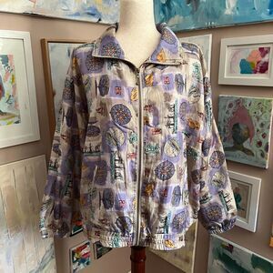 Vintage EVR Silk Nautical Print Artsy 80s 90s Bomber Jacket Coastal‎ Eclectic L